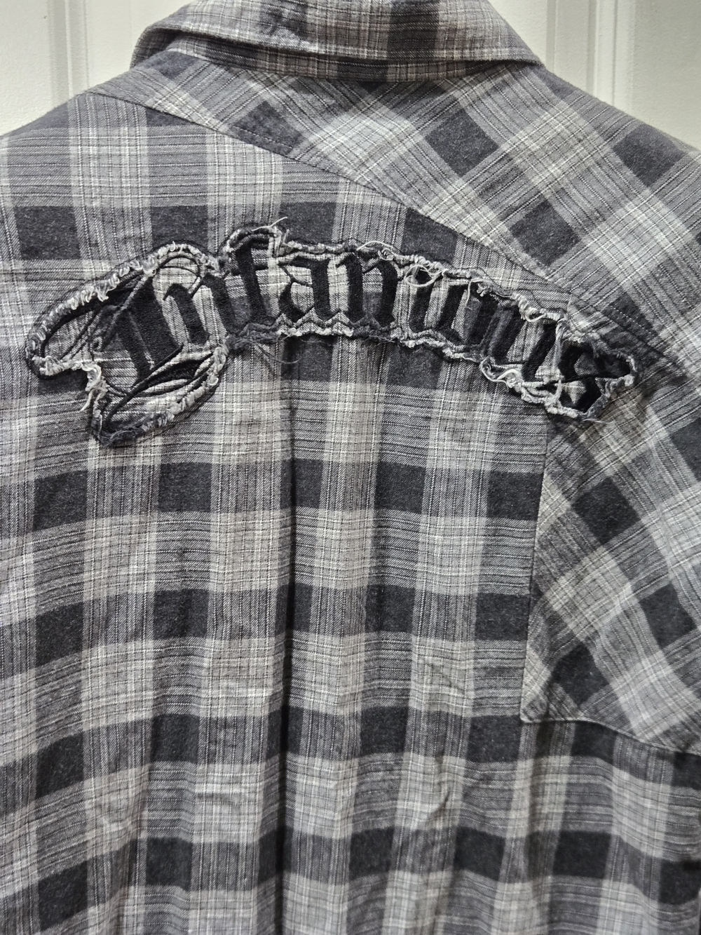 Affliction Gray Plaid Button-Down Shirt with Distressed 'Infamous' Patch